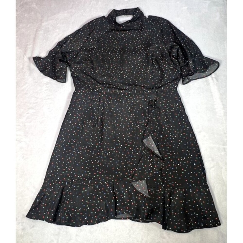 Sugar + Lips Dress Women L Black Faux Wrap Ruffle Star Print Mock Neck Open Back